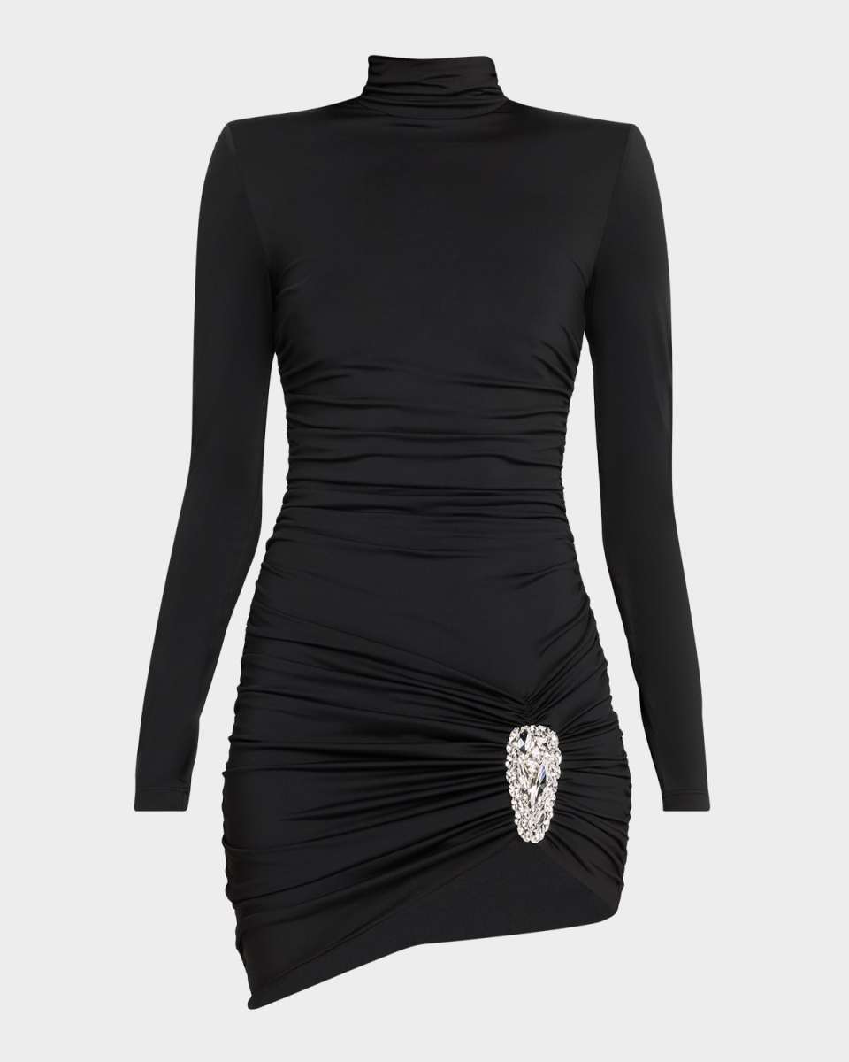 Crystal Cluster Ruched Turtleneck Mini Dress